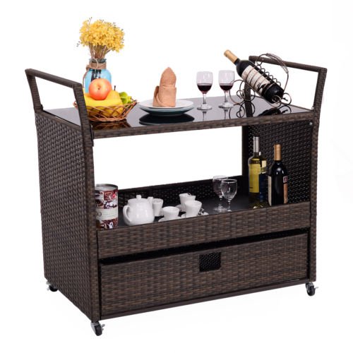 Rolling Portable Rattan Wicker Kitchen Trolley Cart Dining Restaurant W/Shelves
