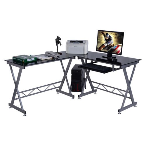 L-Shape Computer Desk PC Glass Top Laptop Table Workstation Corner Home Office
