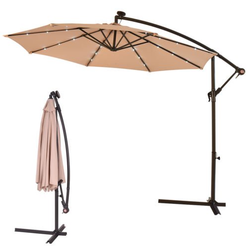 10' Hanging Solar LED Umbrella Patio Sun Shade Offset Market W/Base Beige