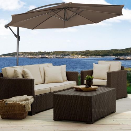 10' Ft Hanging Umbrella Patio Sun Shade Offset Outdoor Market W/ Cross Base Tan