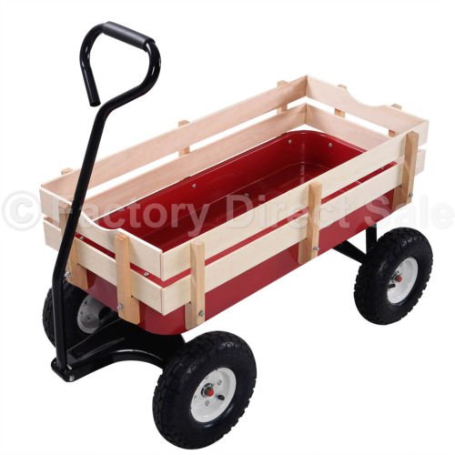 Outdoor Wagon ALL Terrain Pulling Children Kid Garden Cart w/ Wood Railing Red