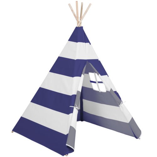 Indoor/Outdoor 6' Kid's Teepee Tent Playhouse W/ Case, White W/ Blue Stripes