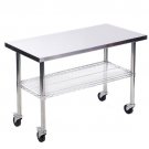 24""x48"" Stainless Steel Kitchen Work Table w/ Wire Lower Shelf and Wheels 24W