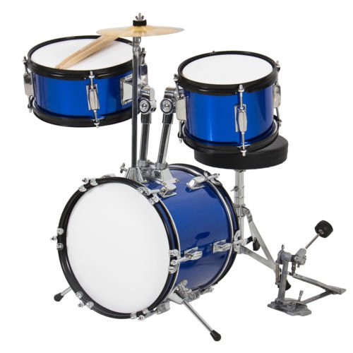 Kids Drum Set 3 Pc 13"" Beginners Complete Set with Throne, Cymbal and More- Blue