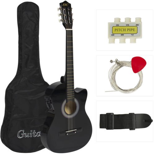 Electric Acoustic Guitar Cutaway Design With Guitar Case, Strap, Tuner Black New