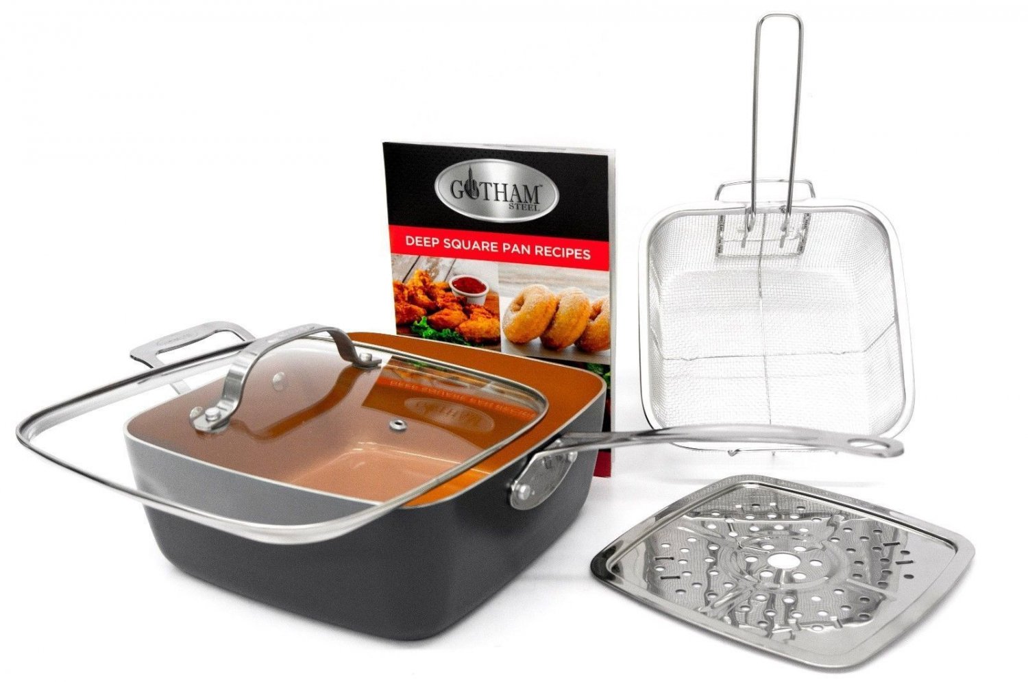 Gotham Steel Ti-Cerama Copper Deep Square 9.5 Frying Pan w Lid - Graphite - NEW!