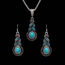Silver Plated Tibetan CZ Crystal Turqouise Chain Pendant Necklace & Earrings Set