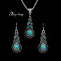 Silver Plated Tibetan CZ Crystal Turqouise Chain Pendant Necklace & Earrings Set