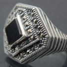 Ace of Diamonds Style Men's Onyx Silver Ring w/ Marcasite Gems Turkish Handmades