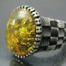 Handmade Turkish .925 Fine Silver Men's Antique Checkered Side Yellow Amber Ring