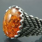 Antique Hand-Made Turkish .925 Fine Silver Men's Spicy Orange Fire Amber Ring