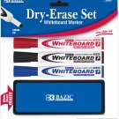 DRY ERASE MARKER SET - 3 PC WHITEBOARD MARKERS WITH ERASER, BAZIC® BRAND, NEW!