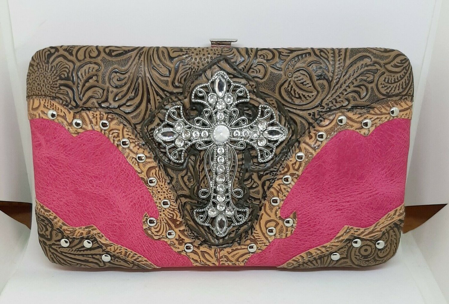 Womens Hot Pink Western Style Cross Leatherette Flat Checkbook Wallet
