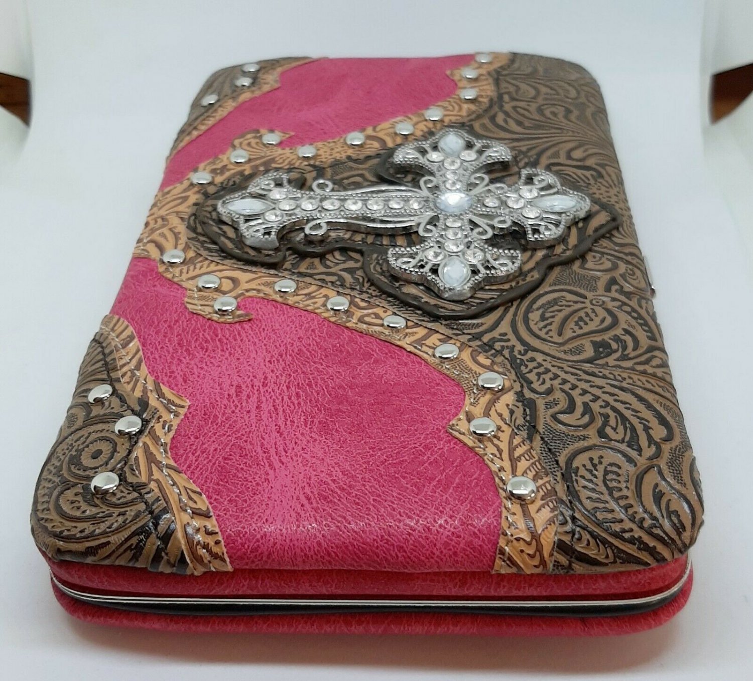 Womens Hot Pink Western Style Cross Leatherette Flat Checkbook Wallet