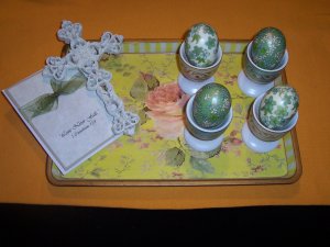 Boiled Egg Holders, Cross, Card on Decorative Tray