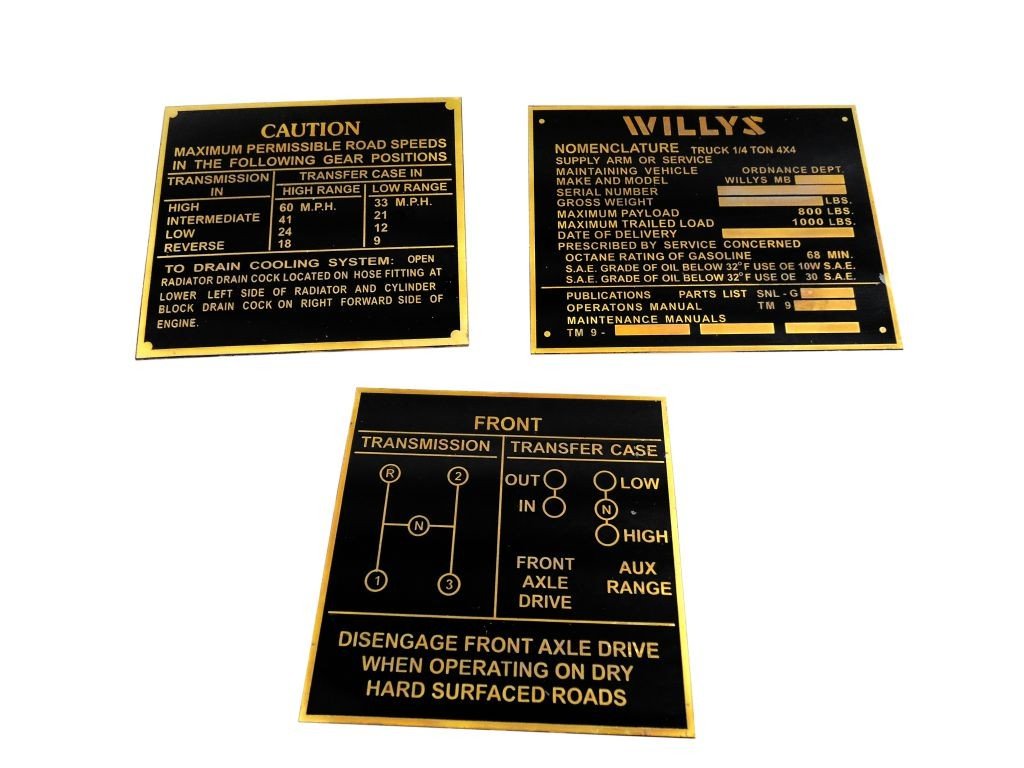Set Of Three Rare Data Plate Vintage Acid Etched Brass Willys Jeep Nomenclature