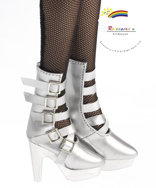 Releaserain Doll Shoes 5Strap Boots Patent Silver FIT for 16" Fashion