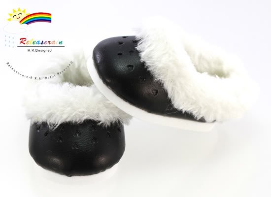 Leather Heart Fur Clogs Shoes Black for American Girl