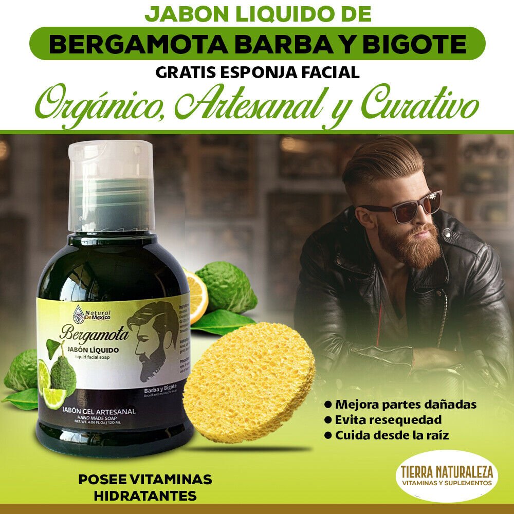 Jabón Líquido de Bergamota Barba y Bigote - Orgánico, Artesanal y Curativo