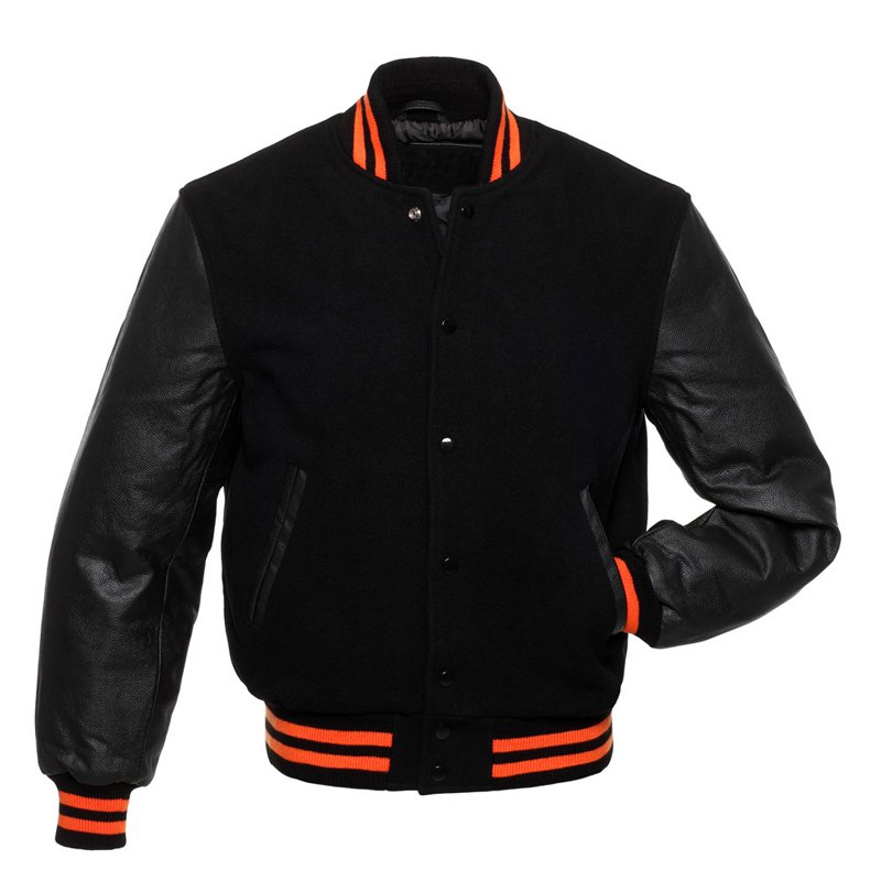 Black Wool & Leather Arms Varsity Letterman Baseball Jacket Orange Sleeves