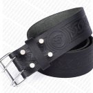 Trinity Knot Embossed Black Leather Double Prong Kilt Belt for Men 44 in Waist Size