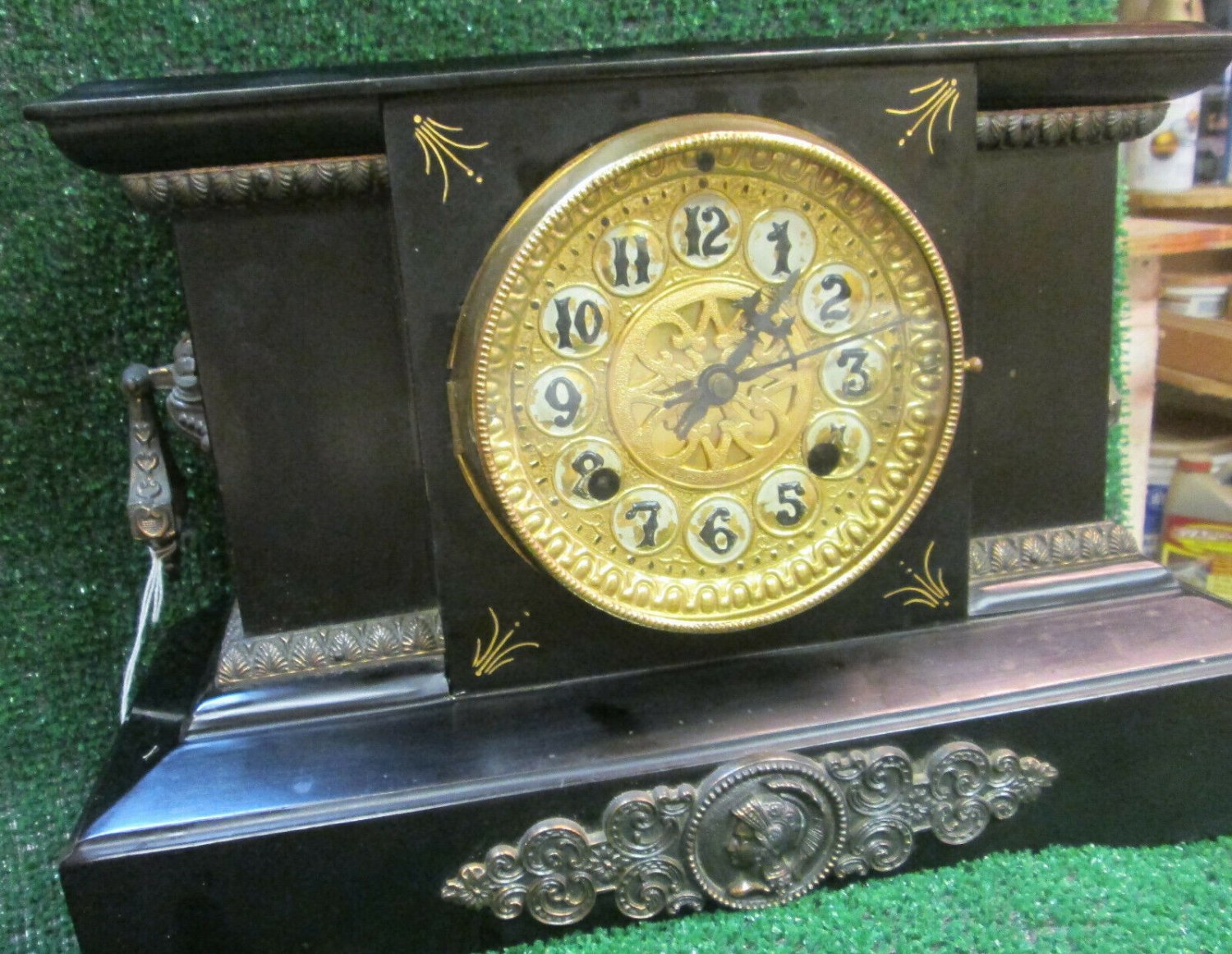 NEW HAVEN ADAMANTINE MANTLE CLOCK LADIES HEAD SCROLL FEET USA 1890