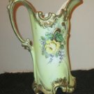Antique Porcelain Pitcher Handled Hand Painted Flowers Gold Trim   CENTERPIECE