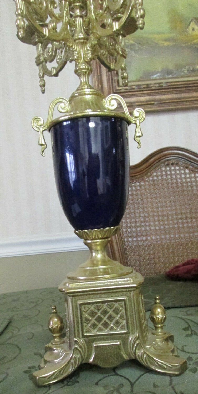 Two 5 Stick Candelabras Gilded Brass Blue Sevres Porcelain with quartz