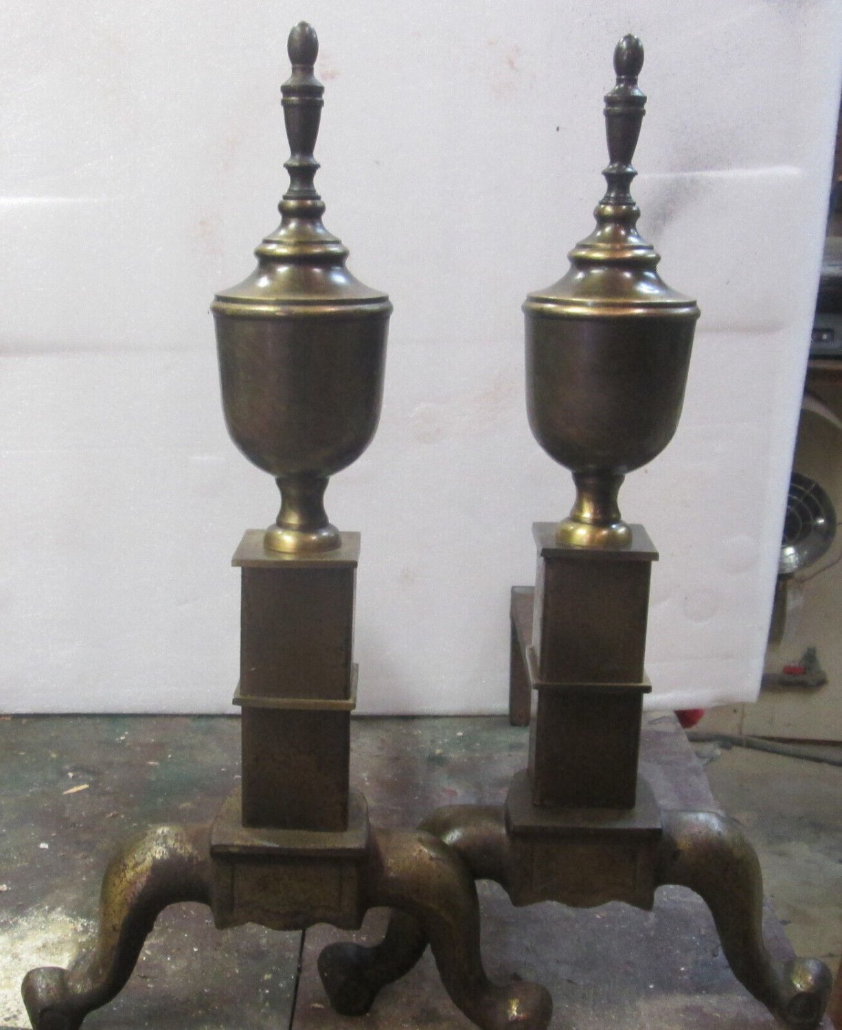 19" WILSHIRE Fireplace ANDIRONS, Fire Dogs, Brass,