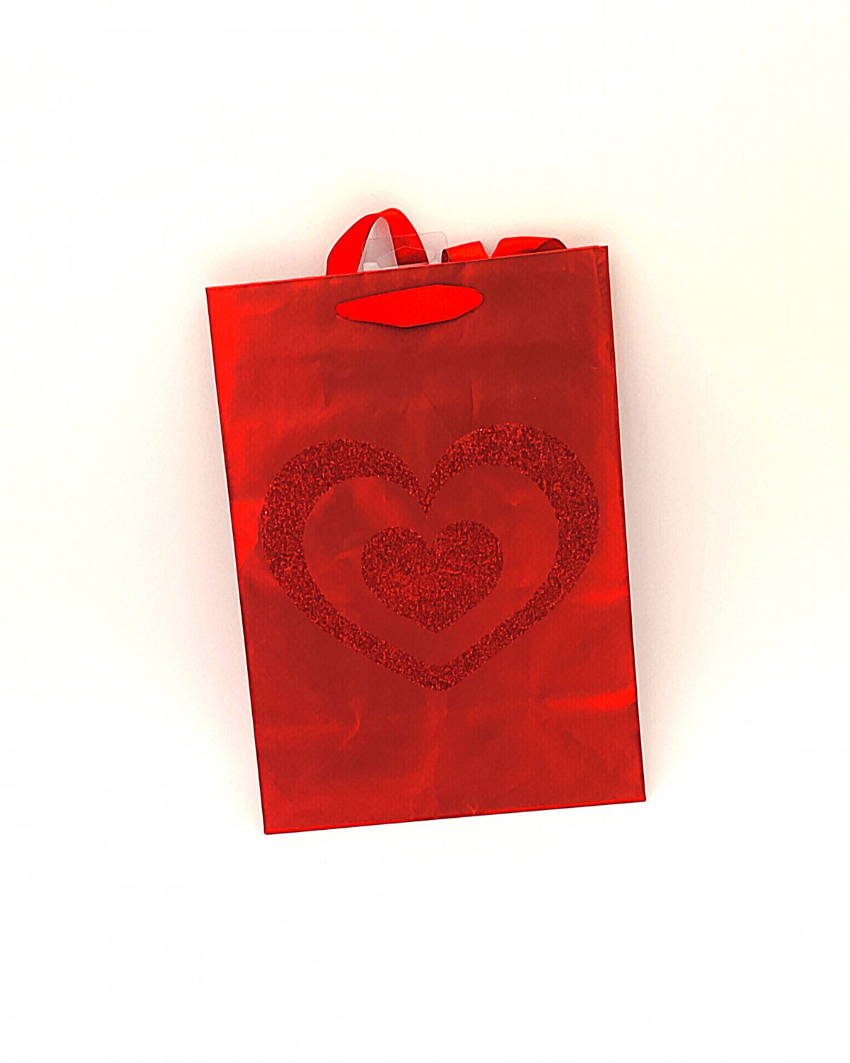 Double Red Heart Glitter Art Gift Bag with Red Ribbon Handles