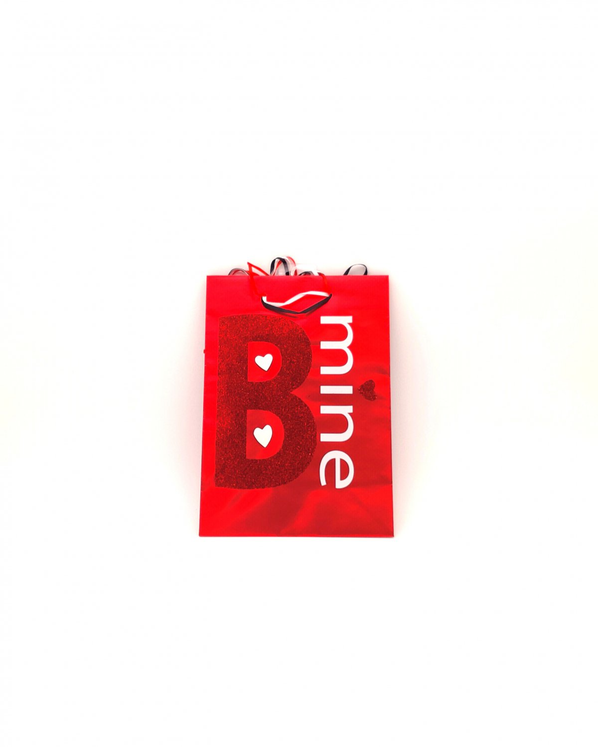 B mine Red Glitter and Hearts Gift Bag with Ribbon Handles