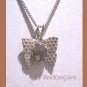 Butterfly Necklace, Silver Tone, Green Swirl Mother of Pearl Center Stone, Vintage Jewelry