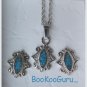 Oval Blue Mother of Pearl Earrings & Necklace Set, Scroll Edging, Rare, Vintage Jewelry