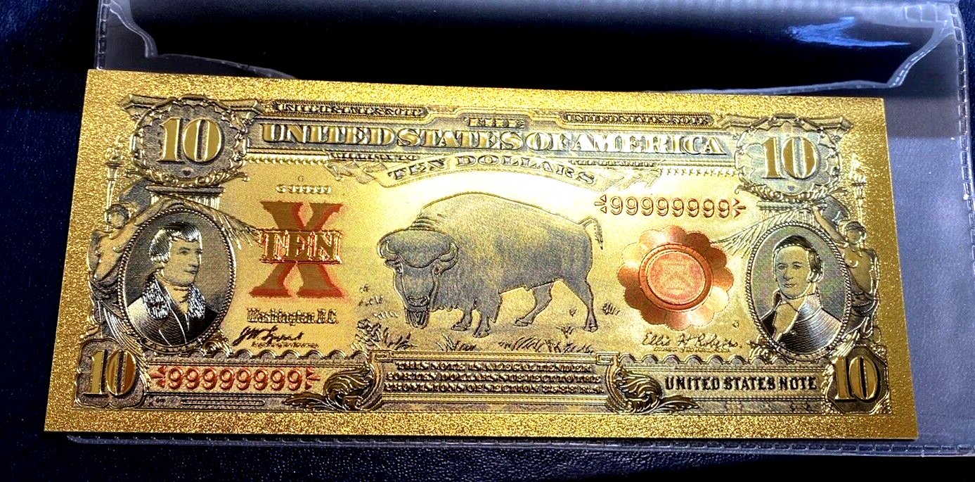 10 Dollar Bill... 24K Gold Overlay...Banknote..With COA in Plastic ...