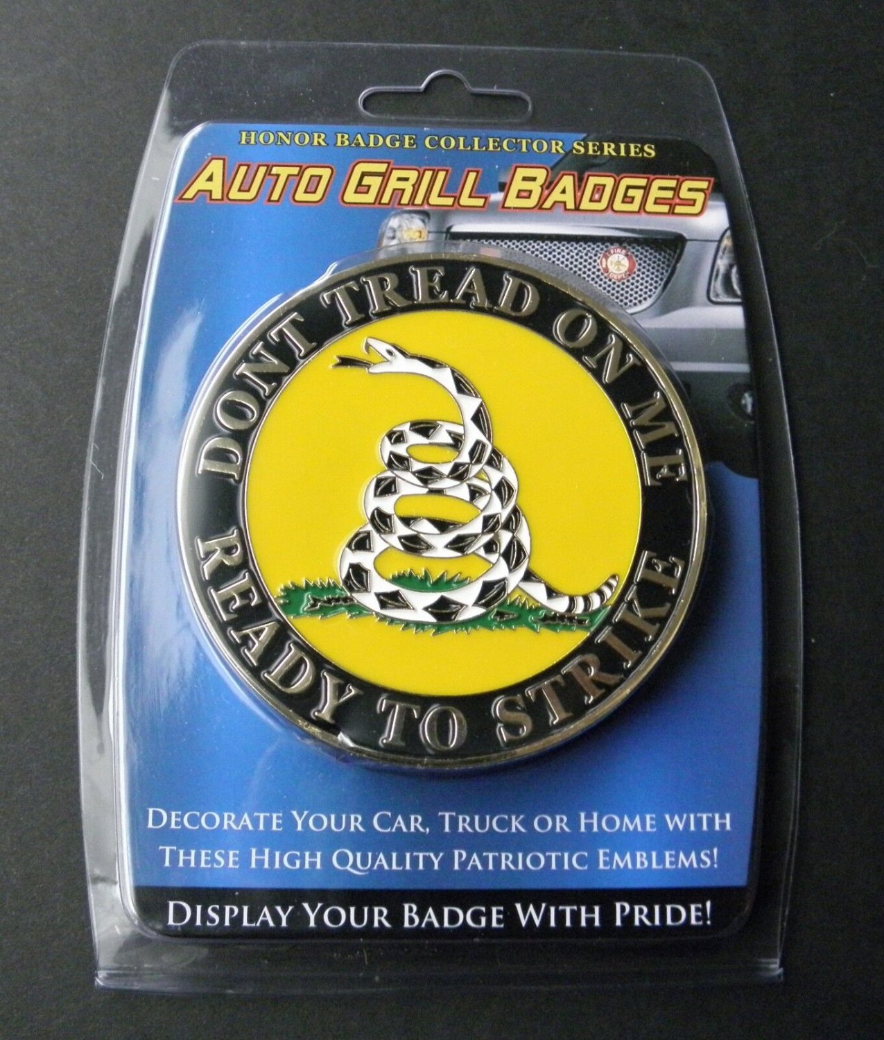 DON'T TREAD ON ME GASTON FLAG ENAMEL CAR GRILL GRILLE AUTO MEDALLION 3.