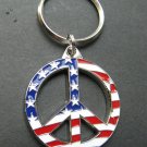 PEACE SIGN ANTI WAR USA FLAG METAL ENAMEL KEY RING 1.5 INCHES