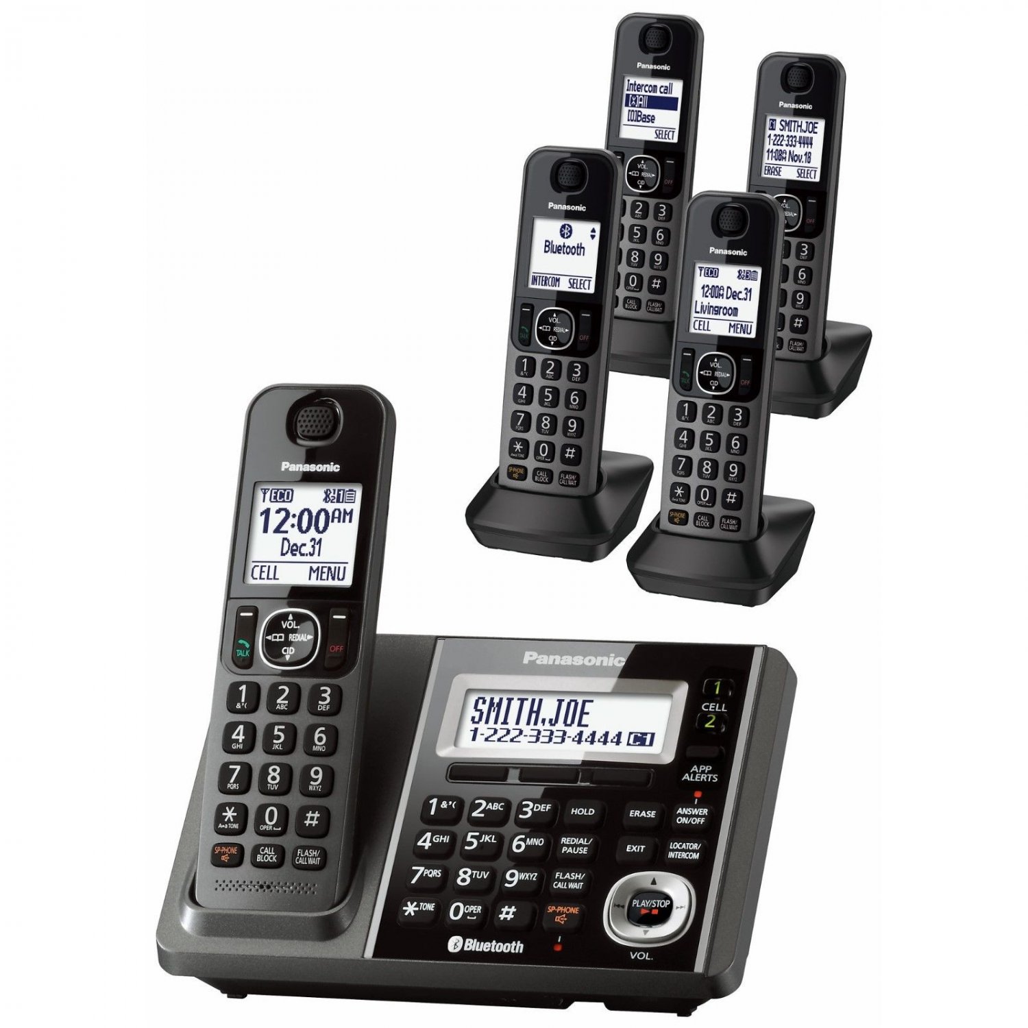 Panasonic Link2Cell DECT 6.0 5-Handset Cordless Answering & Bluetooth ...