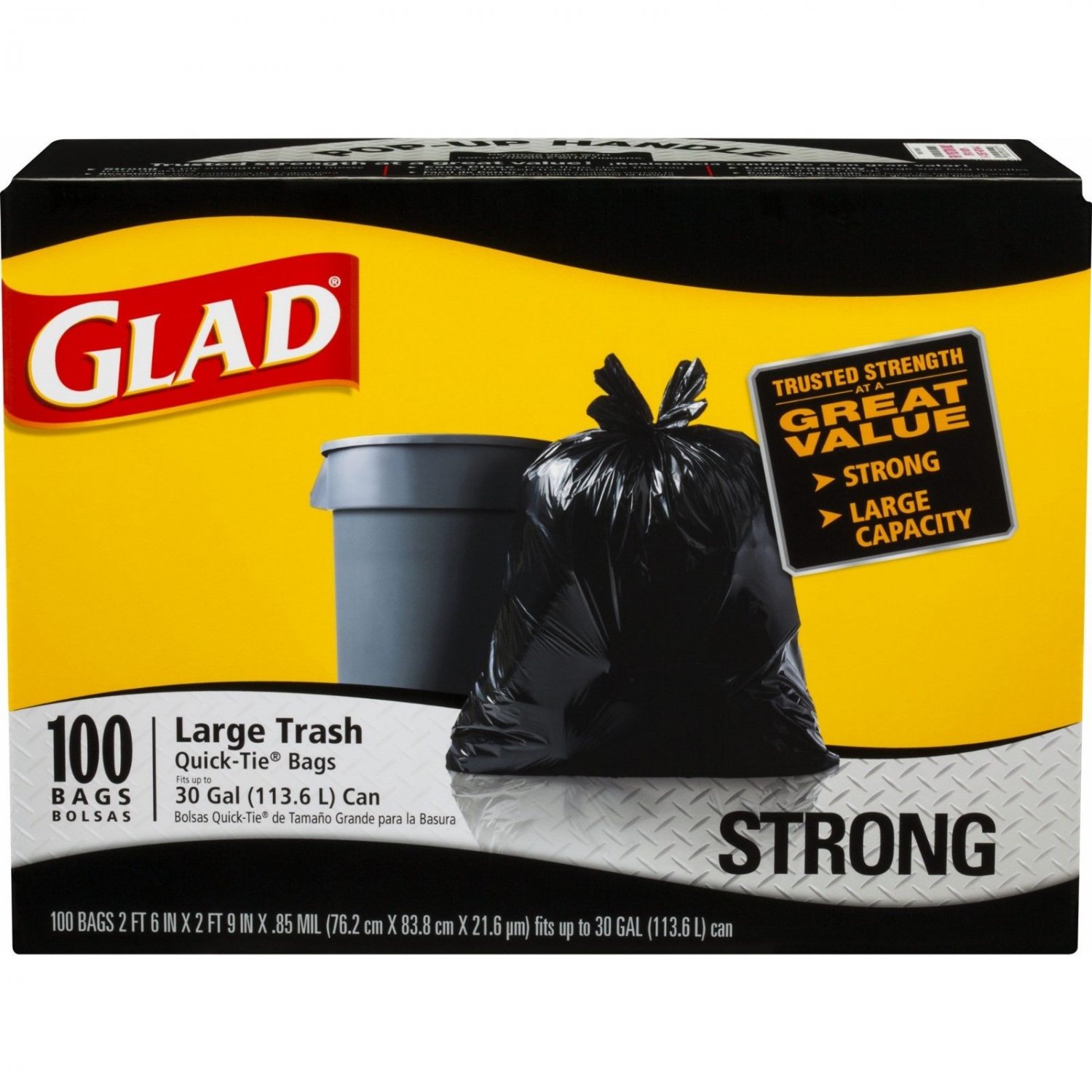 Glad 30 Gal Quick Tie Large Plastic Trash Bags 100 Ct Black 