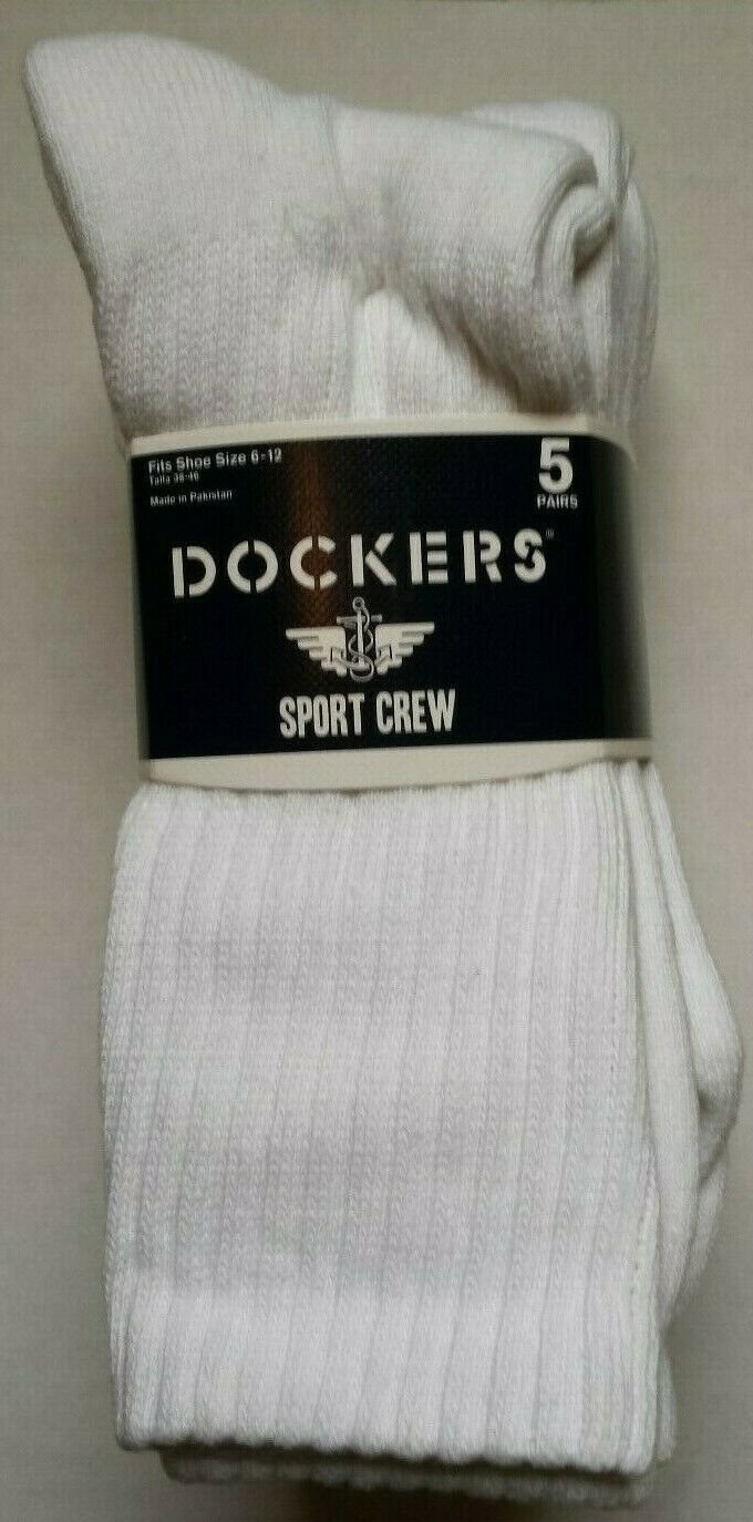 Dockers Men's 5 Pack Cushion Comfort Sport Crew Socks WHITE NEW