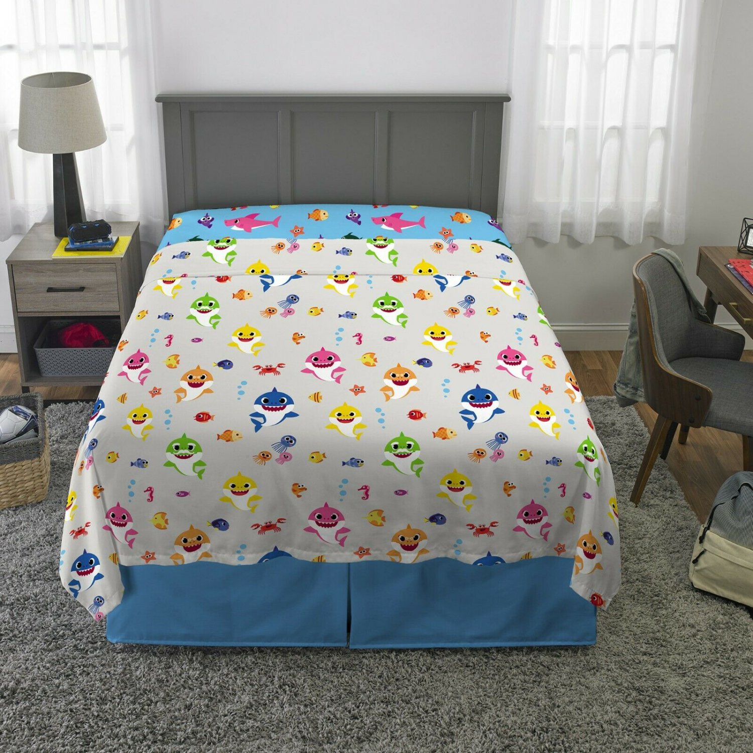 4 Piece Baby Shark Comforter Set Twin Reversible Comforter & Sheet Set NEW