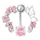 Pink Butterfly Crystal Flower Belly Ring Navel Studs Body Piercing Jewelry