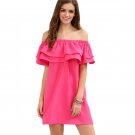 2016 Women Fashion Straight Dress Hot Pink Off The Shoulder Ruffle Short Sleeve Dress ITC390.