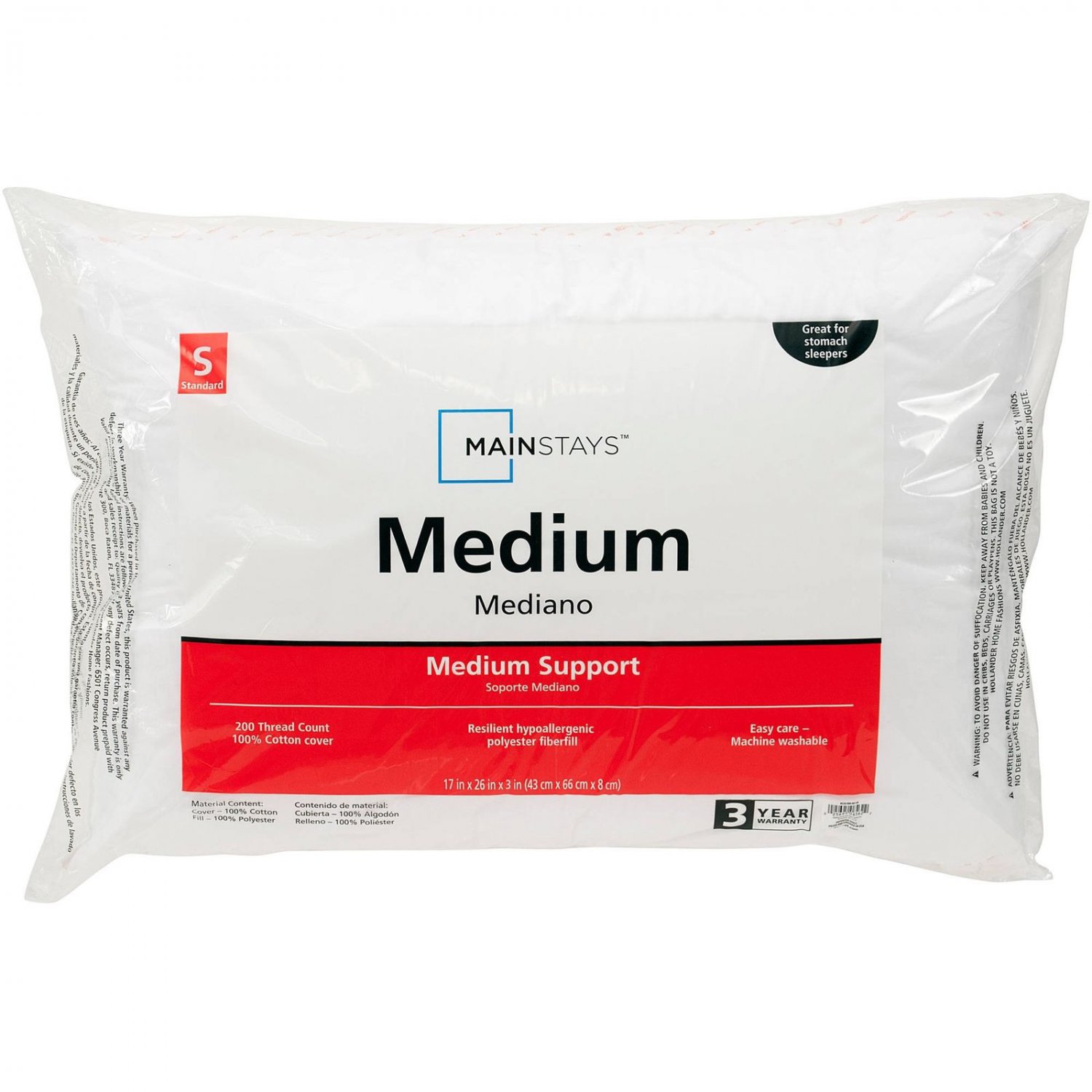 Mainstays 200TC Cotton Medium Pillow in Multiple Sizes White Standard