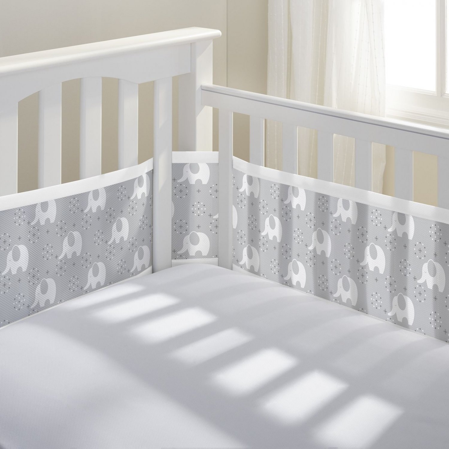 BreathableBaby Classic Breathable Mesh Crib Liner Peaceful Elephant Gray