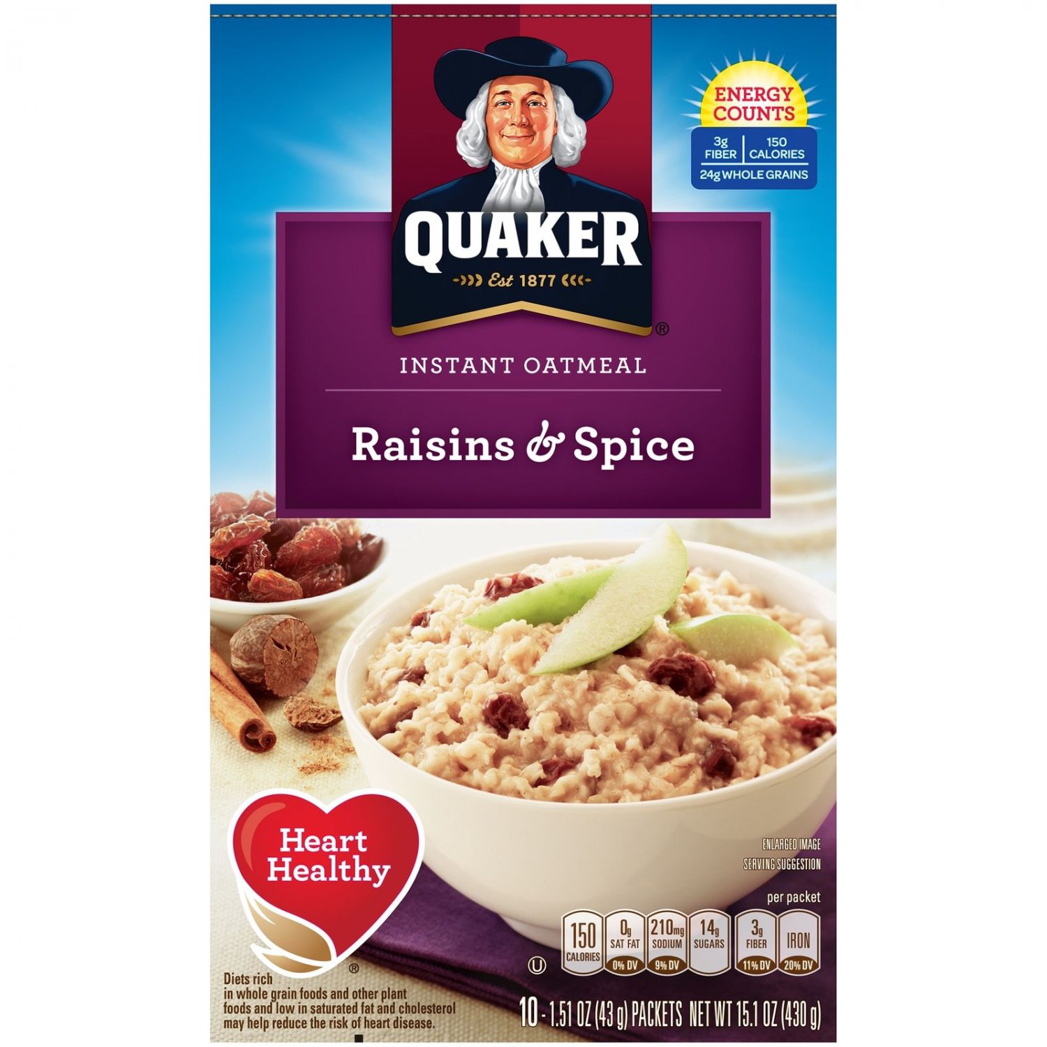 Quaker Instant Oatmeal, Raisin & Spice, 10 Packets 15.1 oz