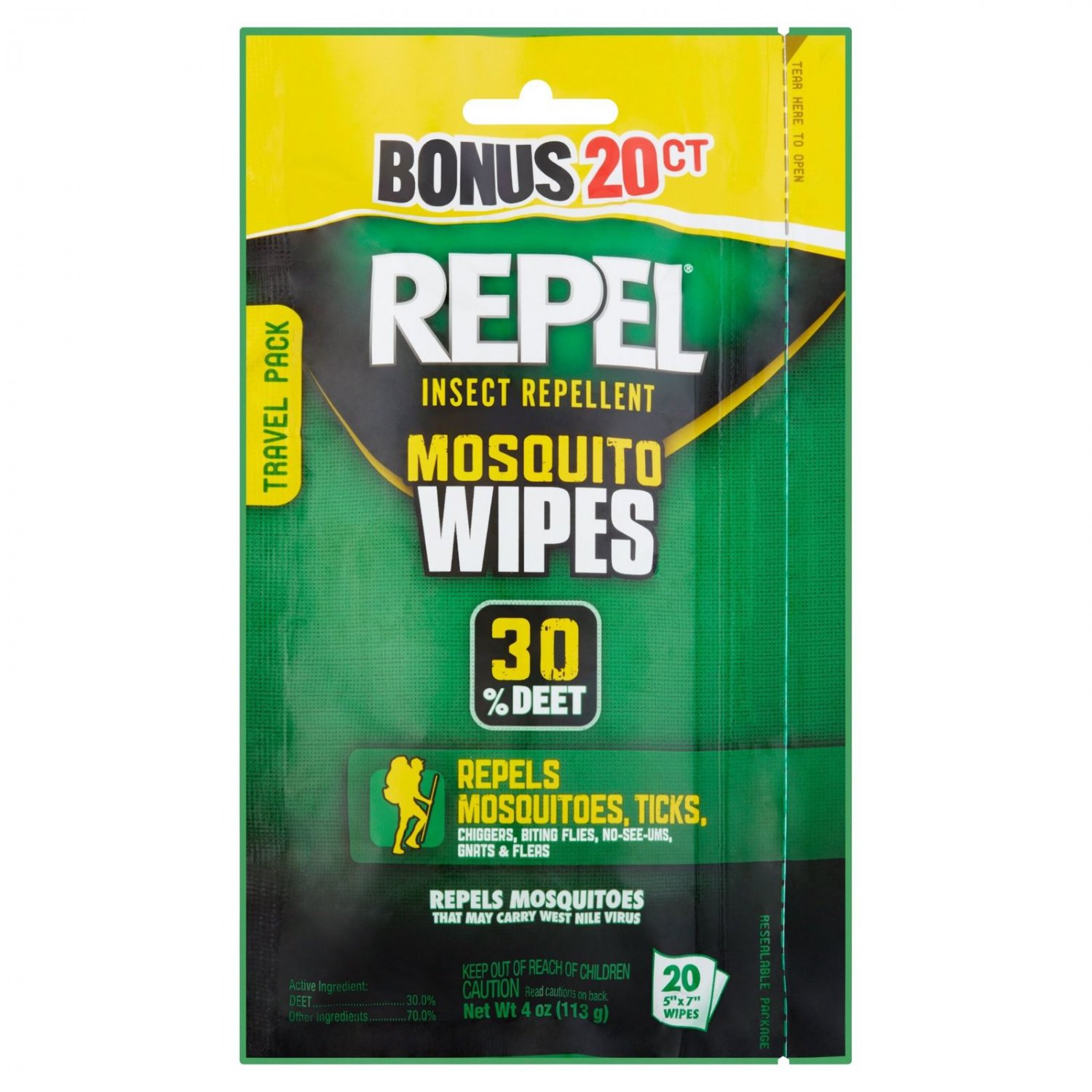 Repel 30 Deet Insect Repellent Mosquito Wipes, 20 count, 4 oz