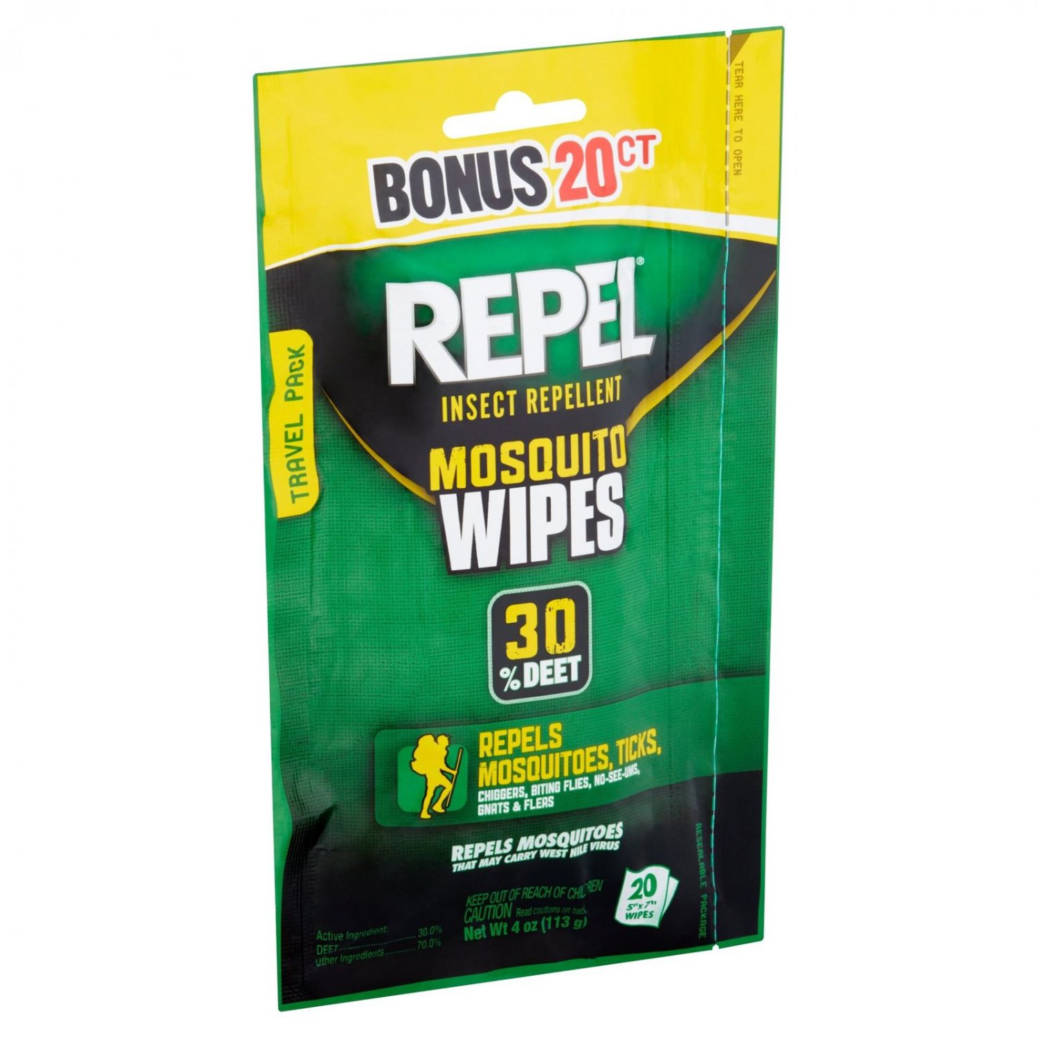 Repel 30 Deet Insect Repellent Mosquito Wipes, 20 count, 4 oz