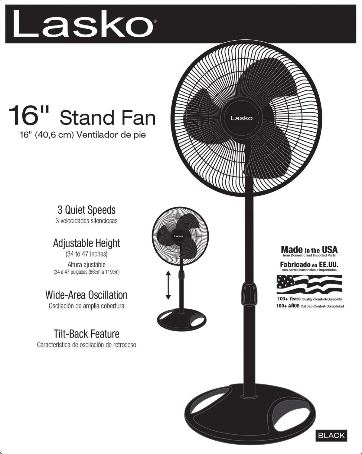 Lasko 16" Oscillating Pedestal Fan, Black