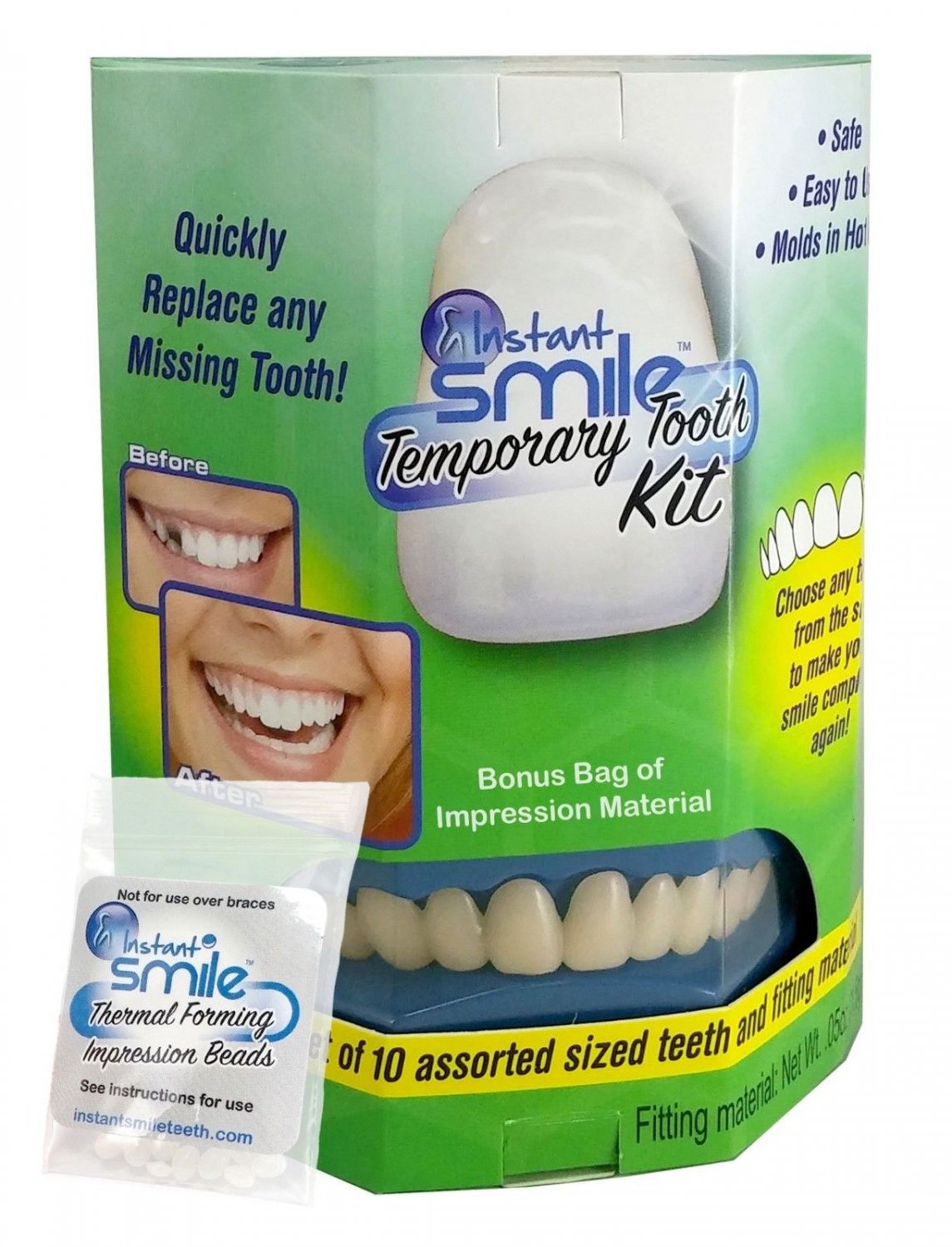 Instant Smile Temporary Tooth Kit and Bonus Bag of Impression Material ...