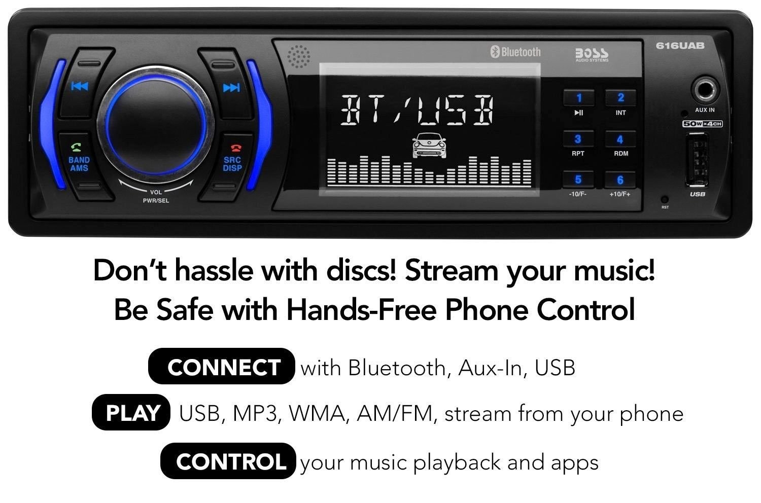 BOSS Audio 616UAB Car Stereo, Single Din, Bluetooth, USB/MP3/WMA AM/FM